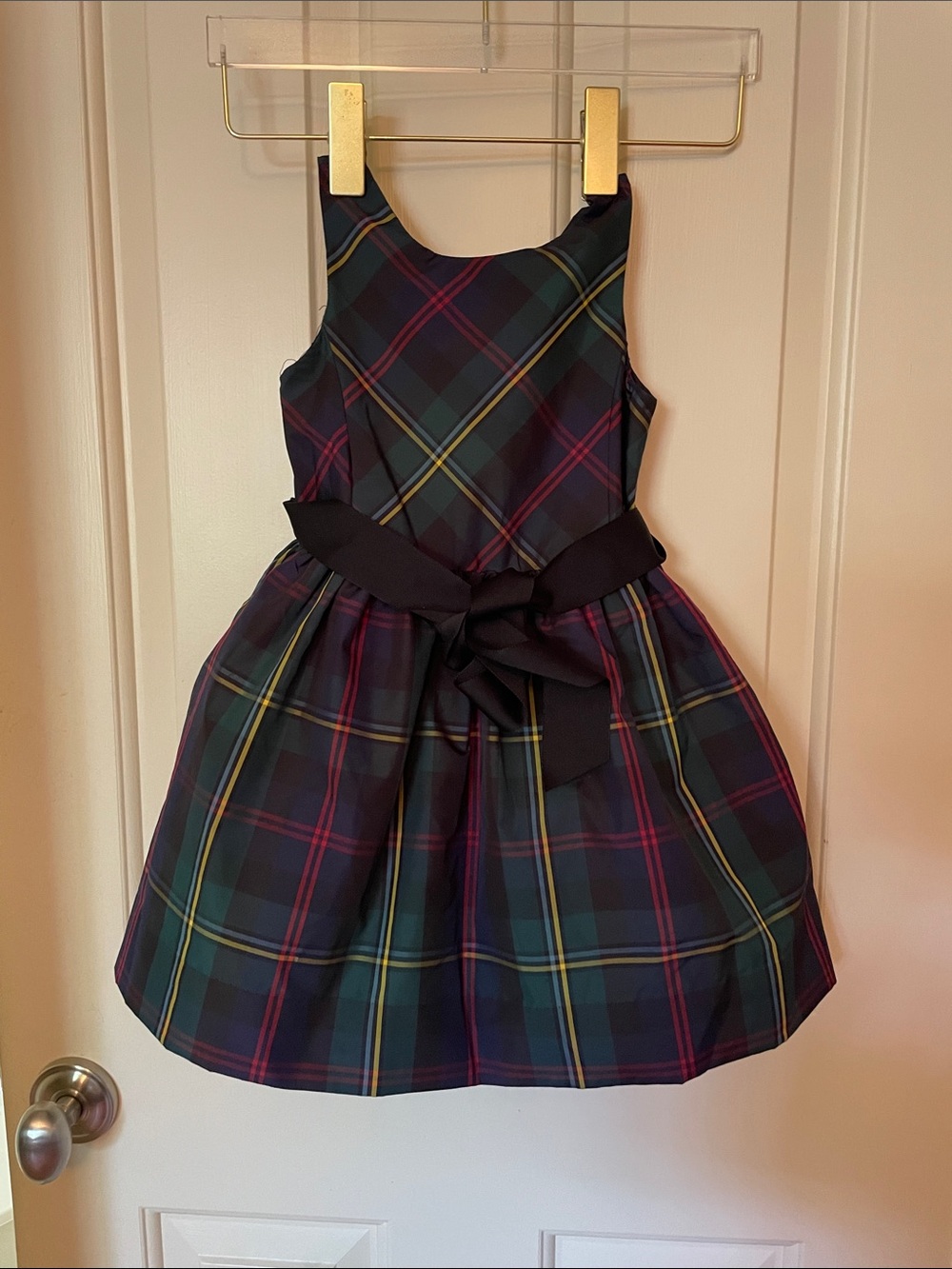 Ralph Lauren Navy Plaid Sleeveless Dress with Black Waist Bow